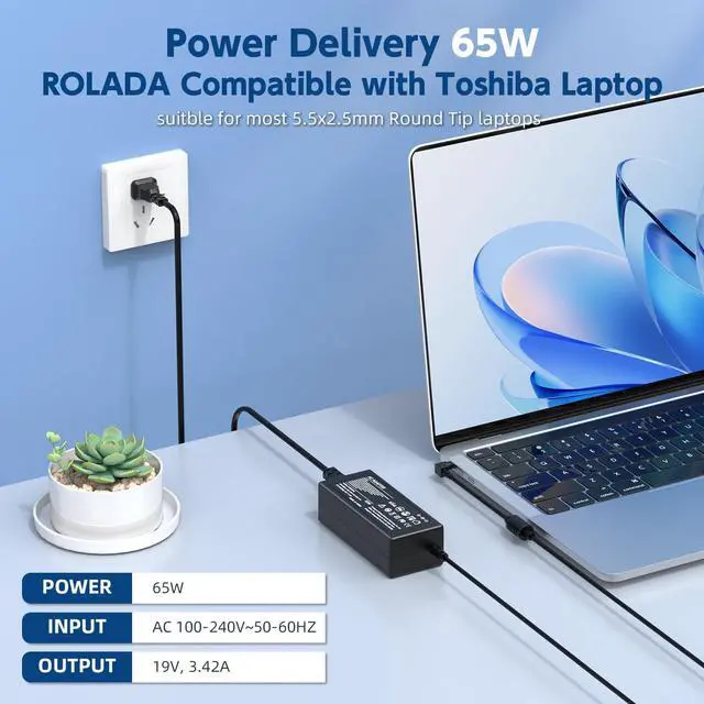 Alt view image 2 of 7 - 65W 19V Laptop Charger for Toshiba Satellite, 8.5FT Cord | ONLY fits Toshiba laptops needing 19V & 5.5mm round plug. 8.5FT long cord. Does NOT fit 19.5V or USB-C