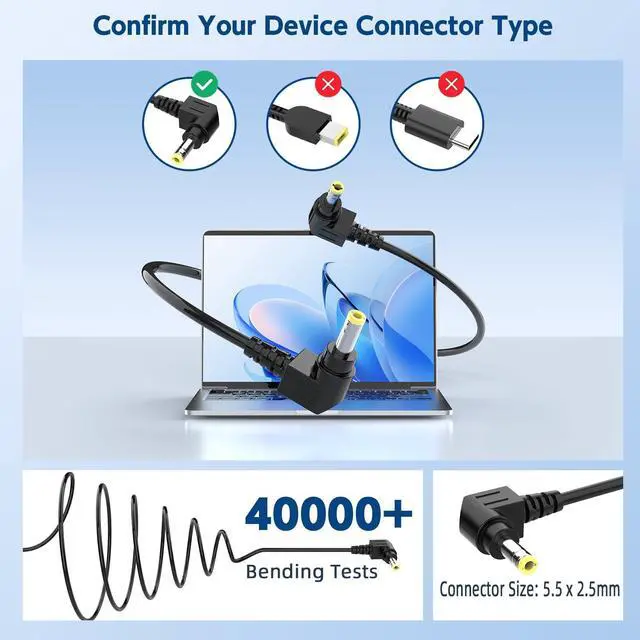 Alt view image 3 of 7 - 65W 19V Laptop Charger for Toshiba Satellite, 8.5FT Cord | ONLY fits Toshiba laptops needing 19V & 5.5mm round plug. 8.5FT long cord. Does NOT fit 19.5V or USB-C