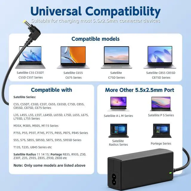 Alt view image 4 of 7 - 65W 19V Laptop Charger for Toshiba Satellite, 8.5FT Cord | ONLY fits Toshiba laptops needing 19V & 5.5mm round plug. 8.5FT long cord. Does NOT fit 19.5V or USB-C