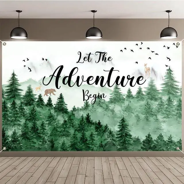 Main image of Let The Adventure Begin Backdrop Banner with 70.8"X43.3", Adventure Awaits Bon Voyage Tree Mountain Wilderness Forest Photography Background for Baby Shower Birthday Party Decoration