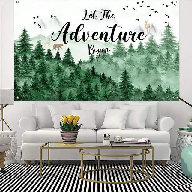 Alt view image 2 of 7 - Let The Adventure Begin Backdrop Banner with 70.8"X43.3", Adventure Awaits Bon Voyage Tree Mountain Wilderness Forest Photography Background for Baby Shower Birthday Party Decoration
