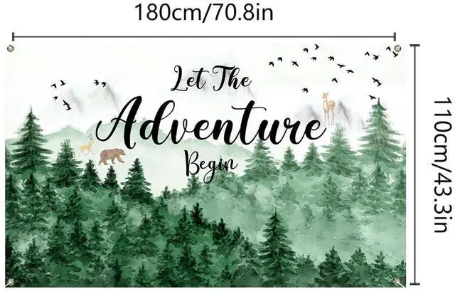 Alt view image 5 of 7 - Let The Adventure Begin Backdrop Banner with 70.8"X43.3", Adventure Awaits Bon Voyage Tree Mountain Wilderness Forest Photography Background for Baby Shower Birthday Party Decoration