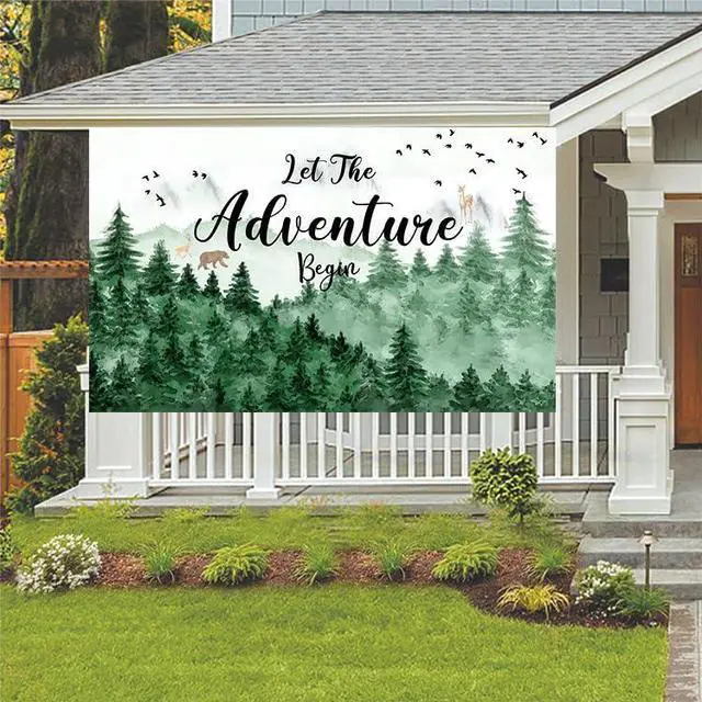 Alt view image 7 of 7 - Let The Adventure Begin Backdrop Banner with 70.8"X43.3", Adventure Awaits Bon Voyage Tree Mountain Wilderness Forest Photography Background for Baby Shower Birthday Party Decoration