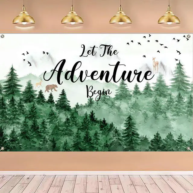 Alt view image 6 of 7 - Let The Adventure Begin Backdrop Banner with 70.8"X43.3", Adventure Awaits Bon Voyage Tree Mountain Wilderness Forest Photography Background for Baby Shower Birthday Party Decoration