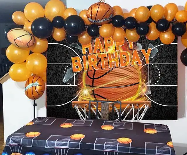 Alt view image 2 of 5 - Basketball Birthday Backdrop 7x5FT Sports Party Photo Booth Banner | Basketball birthday backdrop with realistic court and hoop design, perfect for party decor, cake table and photo booth