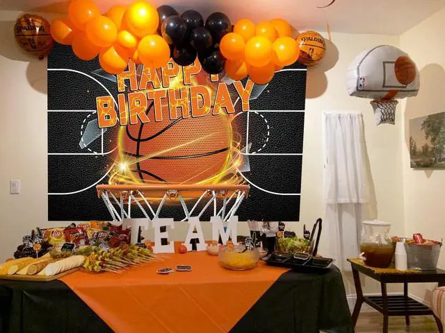 Alt view image 4 of 5 - Basketball Birthday Backdrop 7x5FT Sports Party Photo Booth Banner | Basketball birthday backdrop with realistic court and hoop design, perfect for party decor, cake table and photo booth