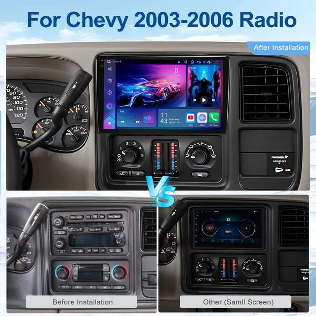 Alt view image 2 of 7 - 9" Car Stereo for Silverado Suburban Tahoe Avalanche 2003-2006 | 4GB+64GB QLED Touchscreen, Wireless CarPlay & Android Auto, GPS, Bluetooth, DSP, FM/AM and included AHD Backup Camera
