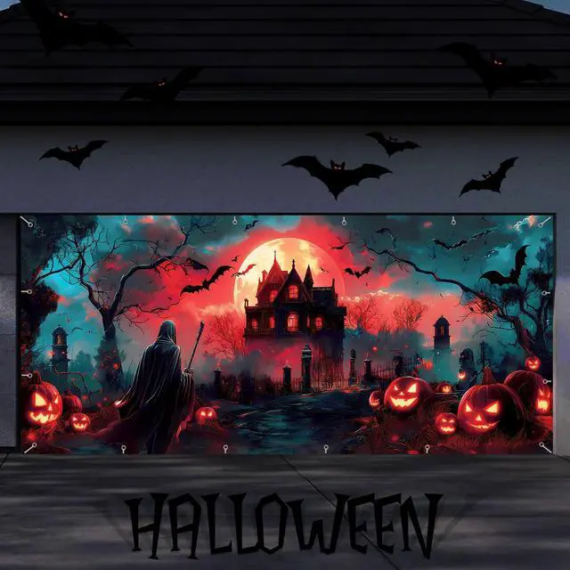 Main image of 7x16ft Halloween Garage Door Cover Banner Large Hanging Backdrop Door Cover Gloomy Garage Wall Decoration Backdrop Mural for Home Outdoor Indoor Spooky Party Wall Window Yard Death Scythe