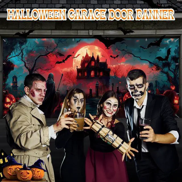 Alt view image 2 of 7 - 7x16ft Halloween Garage Door Cover Banner Large Hanging Backdrop Door Cover Gloomy Garage Wall Decoration Backdrop Mural for Home Outdoor Indoor Spooky Party Wall Window Yard Death Scythe