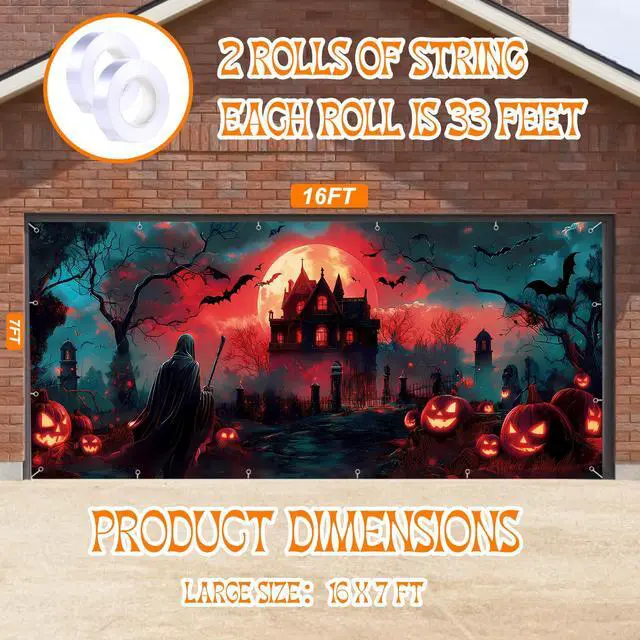 Alt view image 3 of 7 - 7x16ft Halloween Garage Door Cover Banner Large Hanging Backdrop Door Cover Gloomy Garage Wall Decoration Backdrop Mural for Home Outdoor Indoor Spooky Party Wall Window Yard Death Scythe
