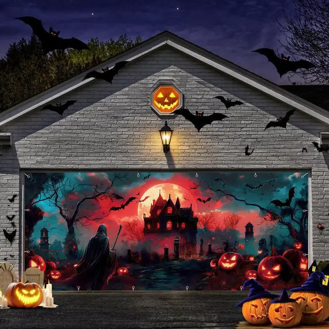 Alt view image 7 of 7 - 7x16ft Halloween Garage Door Cover Banner Large Hanging Backdrop Door Cover Gloomy Garage Wall Decoration Backdrop Mural for Home Outdoor Indoor Spooky Party Wall Window Yard Death Scythe