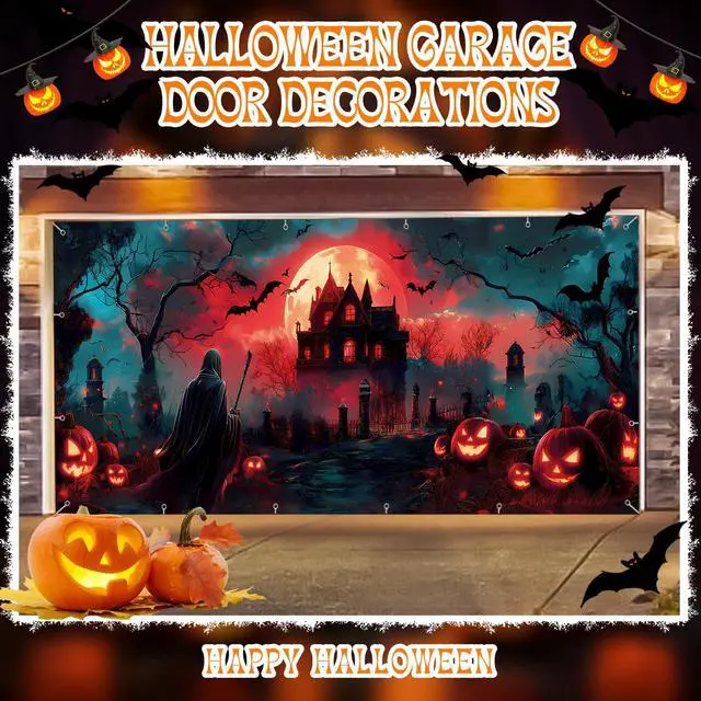 Alt view image 6 of 7 - 7x16ft Halloween Garage Door Cover Banner Large Hanging Backdrop Door Cover Gloomy Garage Wall Decoration Backdrop Mural for Home Outdoor Indoor Spooky Party Wall Window Yard Death Scythe