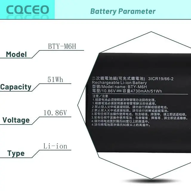Alt view image 3 of 7 - BTY-M6H Laptop Battery for MSI GE62 GE63 GE72 GP62 GP72 GL62 GL72 GP63 GE75 | GE62VR GE63VR GE72VR GE73 PE60 PE70 Series 3ICR19/65-2 2QC-264XCN 2QD-007XCN 6QC-867XCN 10.86V/51Wh/4730mAh/6-Cell
