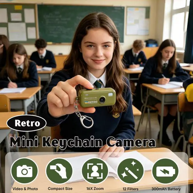 Alt view image 2 of 7 - 1080P Keychain Camera with 8GB Card, Retro 2MP Mini Digicam | Built-in 12 Filters and 16X Zoom, Rechargeable Battery, Ideal Gifts for Teens & Adult Beginners (Army Green)