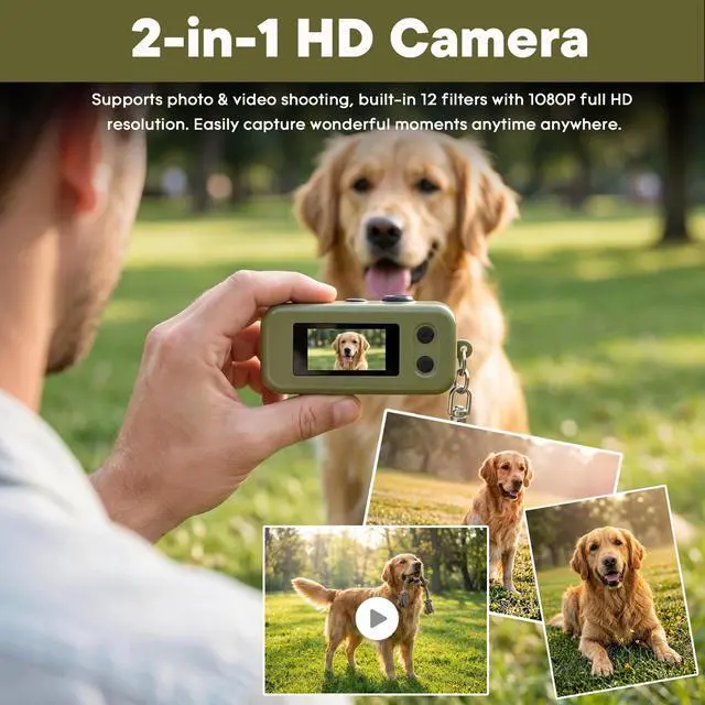 Alt view image 4 of 7 - 1080P Keychain Camera with 8GB Card, Retro 2MP Mini Digicam | Built-in 12 Filters and 16X Zoom, Rechargeable Battery, Ideal Gifts for Teens & Adult Beginners (Army Green)
