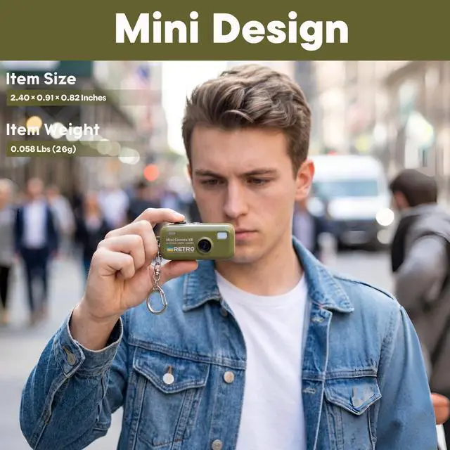 Alt view image 5 of 7 - 1080P Keychain Camera with 8GB Card, Retro 2MP Mini Digicam | Built-in 12 Filters and 16X Zoom, Rechargeable Battery, Ideal Gifts for Teens & Adult Beginners (Army Green)