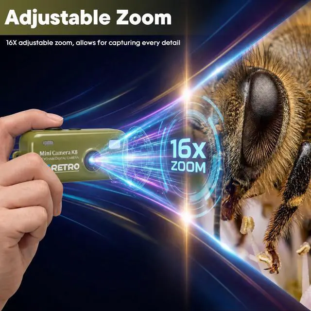 Alt view image 7 of 7 - 1080P Keychain Camera with 8GB Card, Retro 2MP Mini Digicam | Built-in 12 Filters and 16X Zoom, Rechargeable Battery, Ideal Gifts for Teens & Adult Beginners (Army Green)