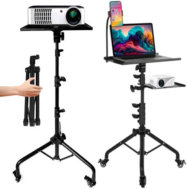 Main image of Laptop & Projector Tripod Stand Adjustable Height 26 to 51 Wheely Portable Laptop Stand With Gooseneck Phone Holder - For Movie, Meeting, Book, DJ Equiqment