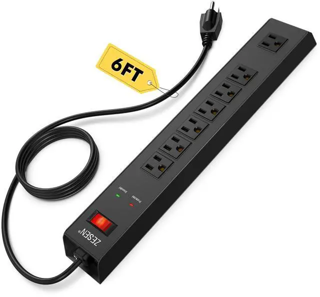 Main image of 7 Outlet Metal Long Power Strip with Overload Protection 6ft Cord, Black | Mounted Industrial Power Strip with 1500J Surge Protection, Wall for Office Workshop Garage, ETL Listed(15A/1875W)