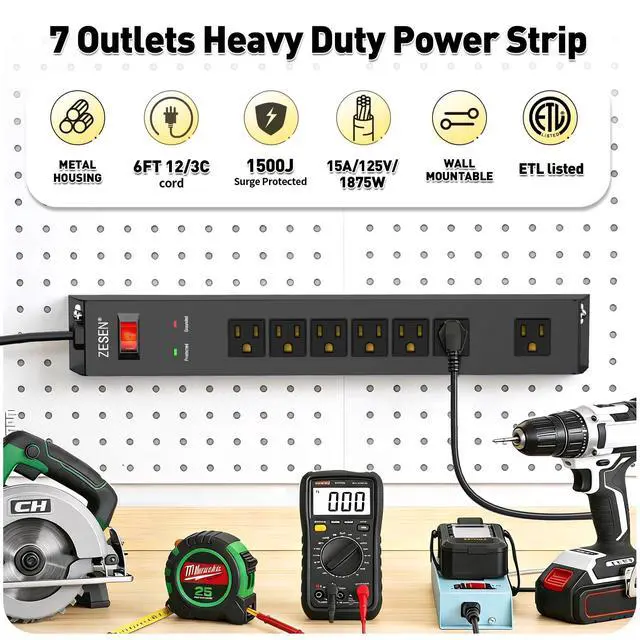 Alt view image 2 of 7 - 7 Outlet Metal Long Power Strip with Overload Protection 6ft Cord, Black | Mounted Industrial Power Strip with 1500J Surge Protection, Wall for Office Workshop Garage, ETL Listed(15A/1875W)