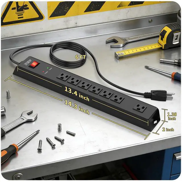 Alt view image 5 of 7 - 7 Outlet Metal Long Power Strip with Overload Protection 6ft Cord, Black | Mounted Industrial Power Strip with 1500J Surge Protection, Wall for Office Workshop Garage, ETL Listed(15A/1875W)