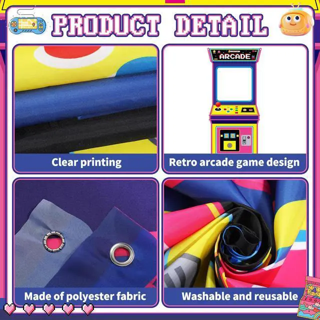 Alt view image 3 of 7 - Fabric Large 72.8 x 35.4 Inch Arcade Game Photo Background Retro Video Gaming Decoration Back to The 80s 90s Neon Party Photo Booth Props Hanging Banner Hip Hop Party Decor for Birthday Rock Supplies
