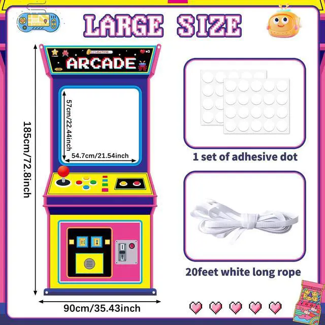 Alt view image 2 of 7 - Fabric Large 72.8 x 35.4 Inch Arcade Game Photo Background Retro Video Gaming Decoration Back to The 80s 90s Neon Party Photo Booth Props Hanging Banner Hip Hop Party Decor for Birthday Rock Supplies