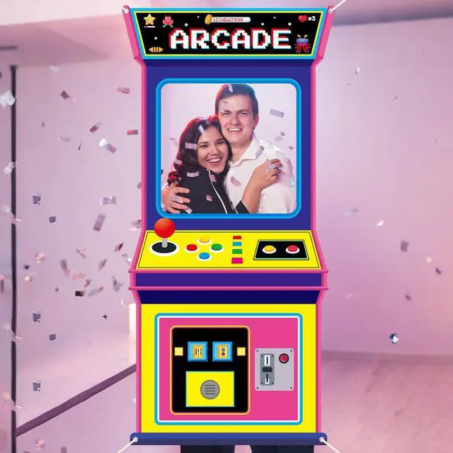 Alt view image 4 of 7 - Fabric Large 72.8 x 35.4 Inch Arcade Game Photo Background Retro Video Gaming Decoration Back to The 80s 90s Neon Party Photo Booth Props Hanging Banner Hip Hop Party Decor for Birthday Rock Supplies