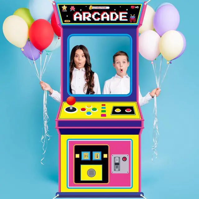 Alt view image 5 of 7 - Fabric Large 72.8 x 35.4 Inch Arcade Game Photo Background Retro Video Gaming Decoration Back to The 80s 90s Neon Party Photo Booth Props Hanging Banner Hip Hop Party Decor for Birthday Rock Supplies