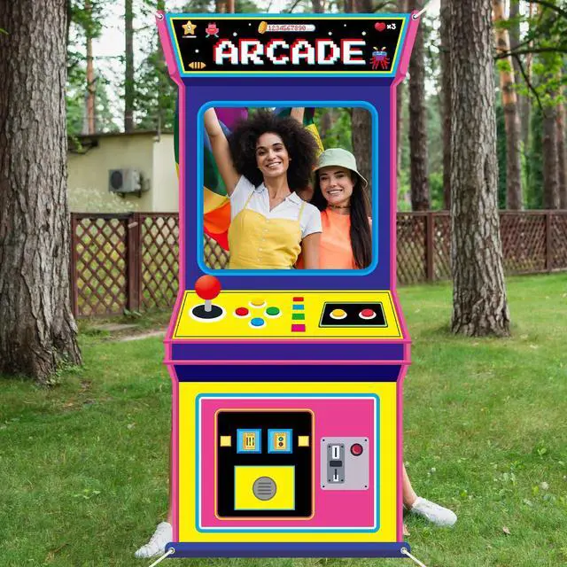 Alt view image 6 of 7 - Fabric Large 72.8 x 35.4 Inch Arcade Game Photo Background Retro Video Gaming Decoration Back to The 80s 90s Neon Party Photo Booth Props Hanging Banner Hip Hop Party Decor for Birthday Rock Supplies