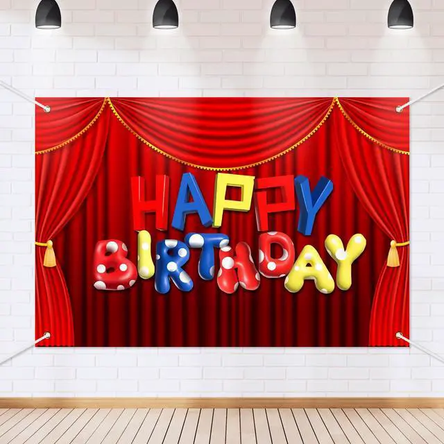 Main image of Circus Show Happy Birthday Backdrop Banner Cartoon Stage Red Curtain Theme Background Decor for Boys Girls Birthday Party Decorations Photo Studio Props Supplies 72x43in