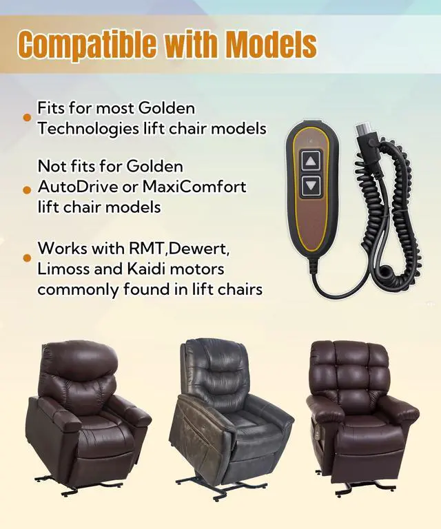 Alt view image 3 of 6 - 2 Button 5 Pin Remote ZK1200-HC Hand Control Replacement | Fits for Golden Technologies Lift Chair Models, with USB and Backlight
