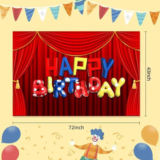Alt view image 7 of 7 - Circus Show Happy Birthday Backdrop Banner Cartoon Stage Red Curtain Theme Background Decor for Boys Girls Birthday Party Decorations Photo Studio Props Supplies 72x43in