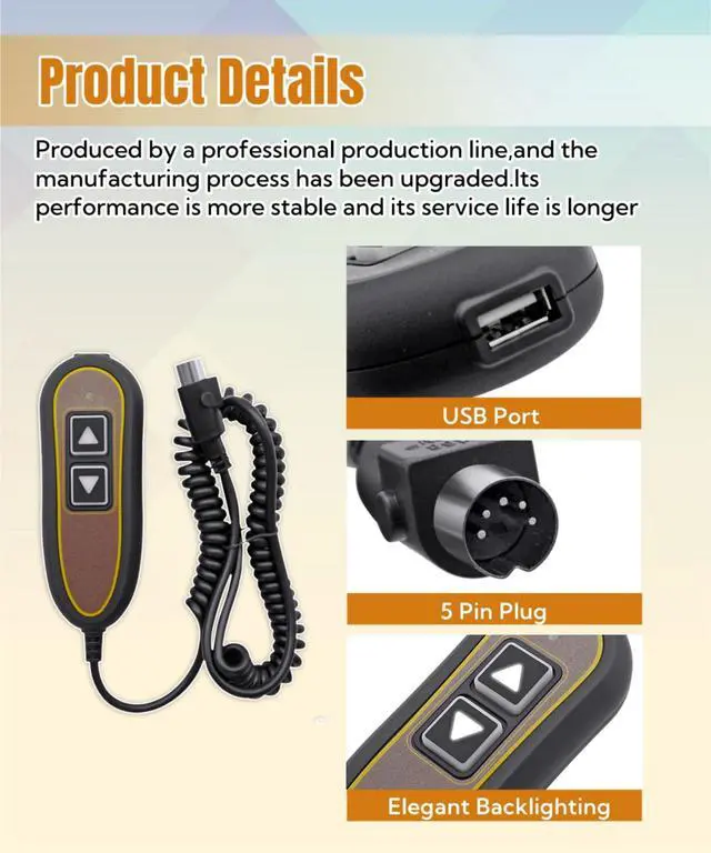 Alt view image 4 of 6 - 2 Button 5 Pin Remote ZK1200-HC Hand Control Replacement | Fits for Golden Technologies Lift Chair Models, with USB and Backlight