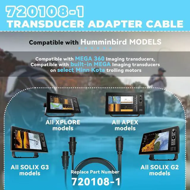 Alt view image 2 of 7 - 720108-1 Transducer Adapter Cable 14 M360 2DDI Y Cable Fit for Humminbird, Compatible with MEGA 360 and 2D/MDI Transducers