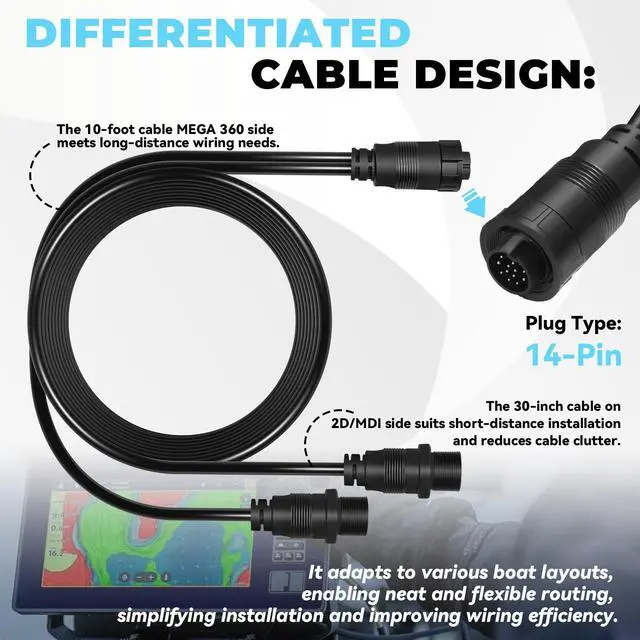Alt view image 4 of 7 - 720108-1 Transducer Adapter Cable 14 M360 2DDI Y Cable Fit for Humminbird, Compatible with MEGA 360 and 2D/MDI Transducers