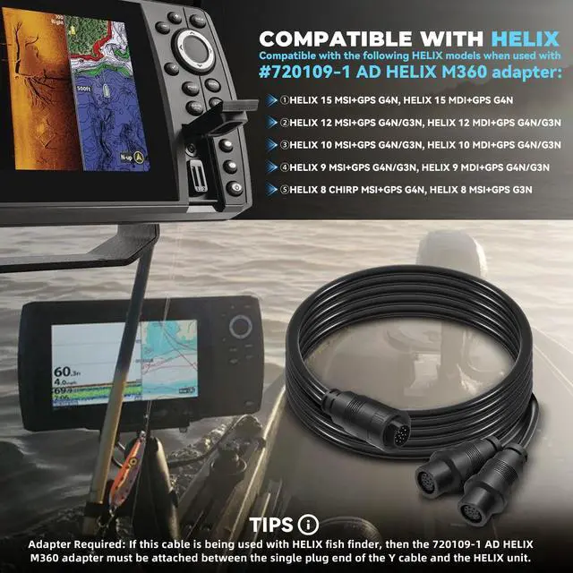 Alt view image 3 of 7 - 720108-1 Transducer Adapter Cable 14 M360 2DDI Y Cable Fit for Humminbird, Compatible with MEGA 360 and 2D/MDI Transducers