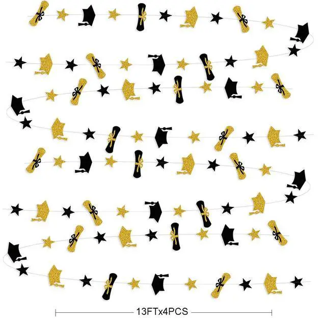 Alt view image 2 of 5 - Graduation Decorations 2026 Graduation Hat Diploma Star Garland Banner Bunting Streamer Backdrop for Graduation Party Supplies Classroom Middle High School Grad Home Decor (Black Gold)