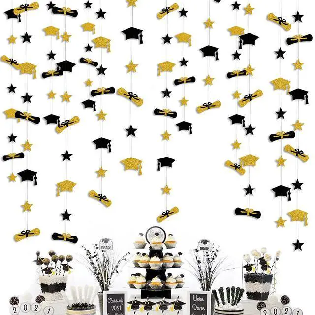 Alt view image 3 of 5 - Graduation Decorations 2026 Graduation Hat Diploma Star Garland Banner Bunting Streamer Backdrop for Graduation Party Supplies Classroom Middle High School Grad Home Decor (Black Gold)