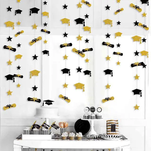 Alt view image 4 of 5 - Graduation Decorations 2026 Graduation Hat Diploma Star Garland Banner Bunting Streamer Backdrop for Graduation Party Supplies Classroom Middle High School Grad Home Decor (Black Gold)
