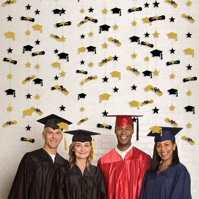Alt view image 5 of 5 - Graduation Decorations 2026 Graduation Hat Diploma Star Garland Banner Bunting Streamer Backdrop for Graduation Party Supplies Classroom Middle High School Grad Home Decor (Black Gold)