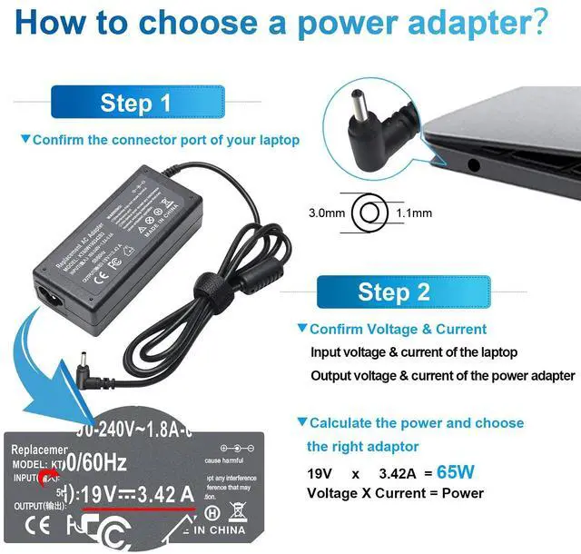 Alt view image 2 of 7 - N20C5 N22C5 N23C3 N23H5 N23H1 N19H2 65W Laptop Charger for Acer Swift | for Aspire 3 5 Series A315-58 ADP-45FE F 19V 3.42A 3.0*1.1mm tip Also Fit for Samsung Galaxy View 18.4" Tablet SM-T670N/T677A