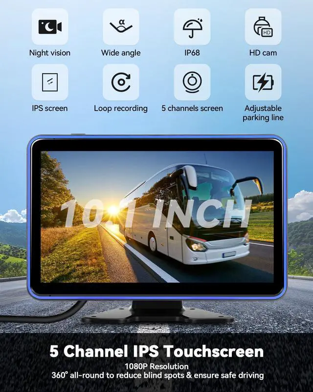 Alt view image 2 of 7 - 5 Channel RV Backup Camera Vehicle Backup System with 10.1'' Monitor Touchscreen & 5 Split Display 1080P Backup Cameras, MP5 Player Vehicle DVR Recorder for RV/Truck/Bus/Trailer/Camper/Van