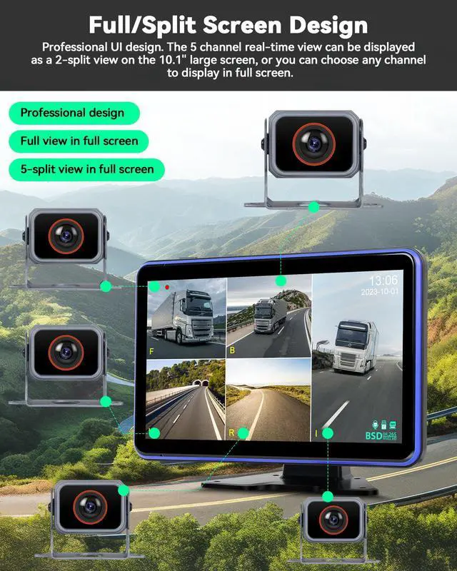 Alt view image 3 of 7 - 5 Channel RV Backup Camera Vehicle Backup System with 10.1'' Monitor Touchscreen & 5 Split Display 1080P Backup Cameras, MP5 Player Vehicle DVR Recorder for RV/Truck/Bus/Trailer/Camper/Van
