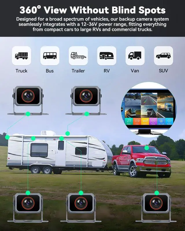 Alt view image 4 of 7 - 5 Channel RV Backup Camera Vehicle Backup System with 10.1'' Monitor Touchscreen & 5 Split Display 1080P Backup Cameras, MP5 Player Vehicle DVR Recorder for RV/Truck/Bus/Trailer/Camper/Van