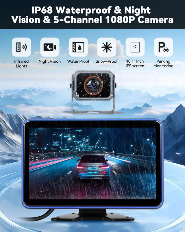 Alt view image 6 of 7 - 5 Channel RV Backup Camera Vehicle Backup System with 10.1'' Monitor Touchscreen & 5 Split Display 1080P Backup Cameras, MP5 Player Vehicle DVR Recorder for RV/Truck/Bus/Trailer/Camper/Van