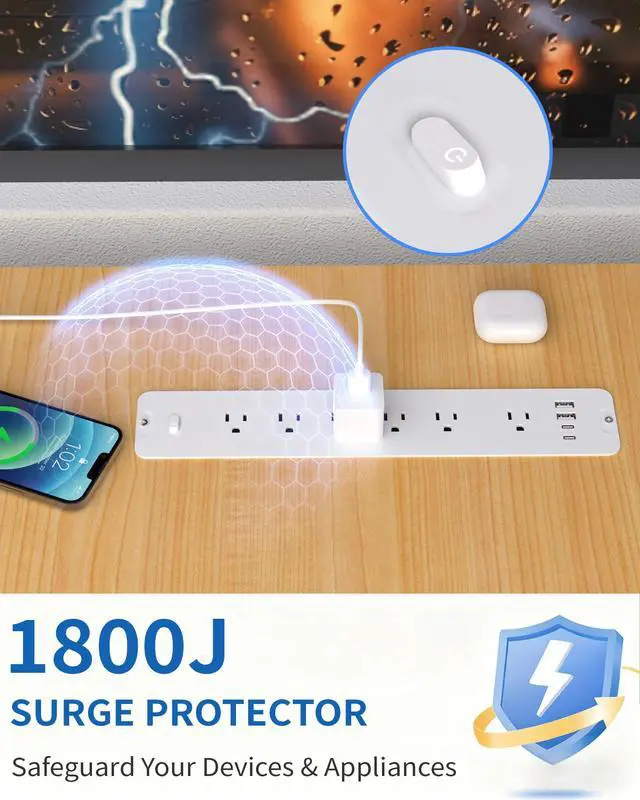 Alt view image 2 of 7 - Recessed Power Strip, Flush Mount Power Strip with USB Ports, PD 20W USB C Fast Charging, 6 FT Extension Cord Surge Protector with1800J, Furniture Hidden Outlet for Side Table, End Table