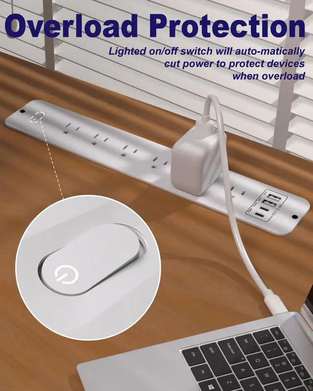 Alt view image 4 of 7 - Recessed Power Strip, Flush Mount Power Strip with USB Ports, PD 20W USB C Fast Charging, 6 FT Extension Cord Surge Protector with1800J, Furniture Hidden Outlet for Side Table, End Table