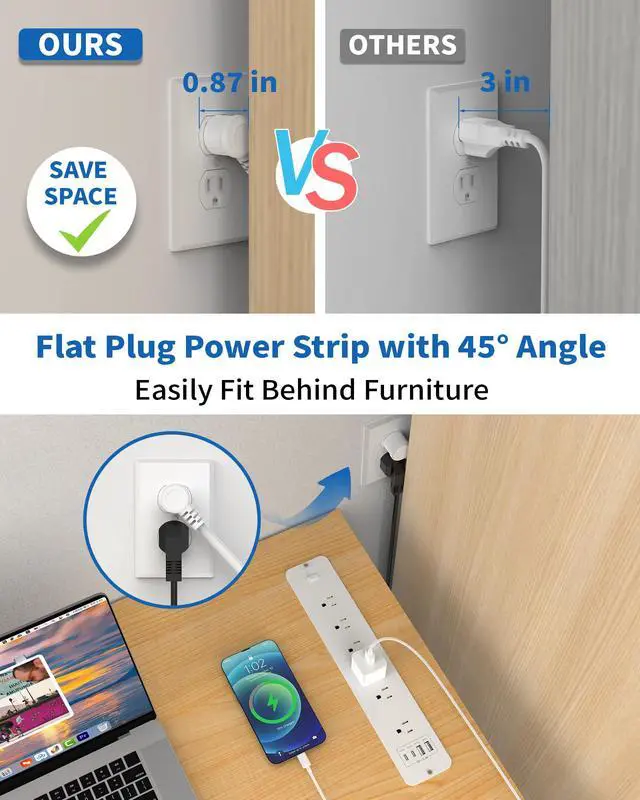 Alt view image 3 of 7 - Recessed Power Strip, Flush Mount Power Strip with USB Ports, PD 20W USB C Fast Charging, 6 FT Extension Cord Surge Protector with1800J, Furniture Hidden Outlet for Side Table, End Table