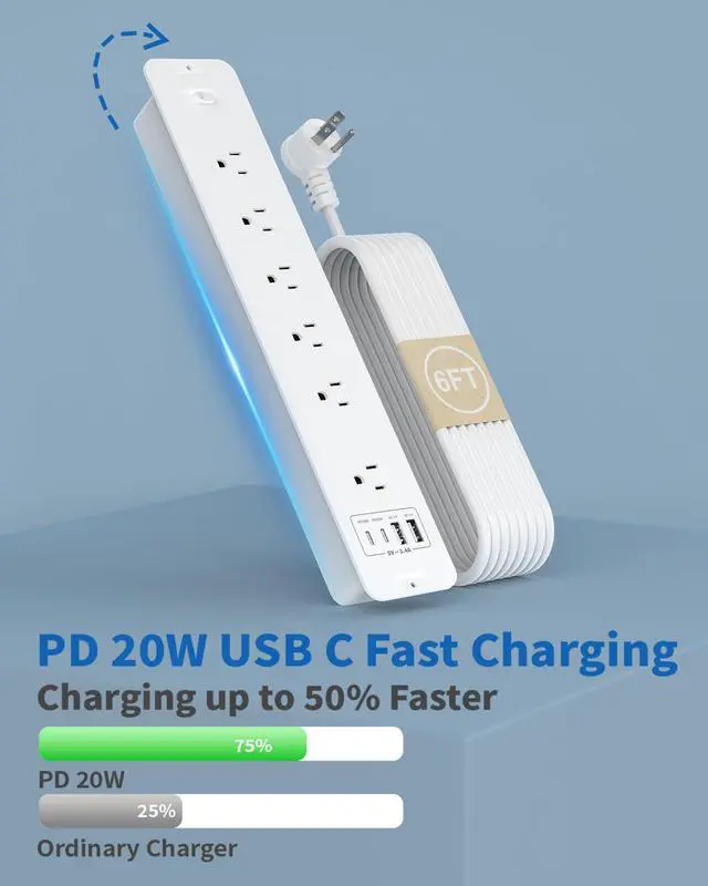 Alt view image 5 of 7 - Recessed Power Strip, Flush Mount Power Strip with USB Ports, PD 20W USB C Fast Charging, 6 FT Extension Cord Surge Protector with1800J, Furniture Hidden Outlet for Side Table, End Table